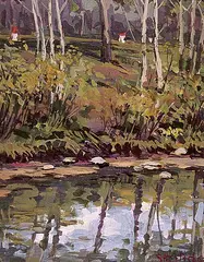Along the Elbow, Water's Edge by Stan Phelps, acrylic on canvas board, sold May 2000