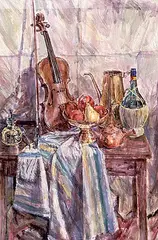 Jack Rigaux, Untitled - Still Life with Violin and Fruit, 1983, watercolour and gouache on paper