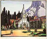 Margaret Shelton, Banff Avenue, 1943, hand coloured lino block on paper