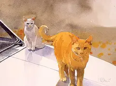 Sally Wildman, Untitled - Two Cats on Car Roof, 1985, watercolour on paper