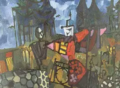 Maxwell Bennett Bates, Scarecrows, 1960, oil on masonite