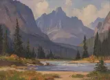 Valley in the Selkirk Mountains by Roland Gissing, oil on paper board, sold Nov 1999