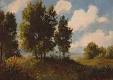 Untitled - Summer Landscape by Roland Gissing, oil on paper board, sold Nov 1999