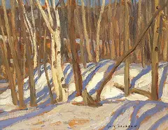 A. Y. Jackson, Untitled - Woods Near Wakefield / Spring Day, 1920, oil on board