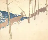 Walter J. Phillips, Deer on Hillside, 1948, colour wood block on paper