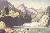Margaret Shelton, Bow Falls at Banff #85/[?]00, 1972, lino block in eight colours on paper