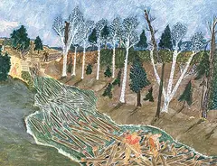 Angus Trudeau, Log Jam, 1977, mixed medium on masonite