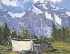 Peter Whyte, Untitled - Mountain View with Sketching Tent, 1932, oil on canvas board