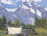Peter Whyte, Untitled - Mountain View with Sketching Tent, 1932, oil on canvas board