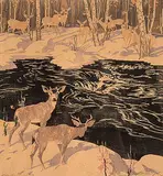 A.C. and Barbara Leighton - Barleigh, Deer, Kananaskis #34/100, colour wood block on paper