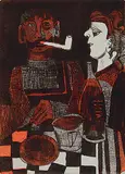 Maxwell Bennett Bates, Figures at a Table #4/9, 1968, colour lithograph on paper