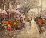 Donald Besco, Rain on the Danforth, Toronto, oil on masonite