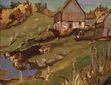 Ralph Wallace Burton, Cowes (sic) drinking in Pool off the Road to Bob Lake, Ontario, Lanark, 1967, oil on panel