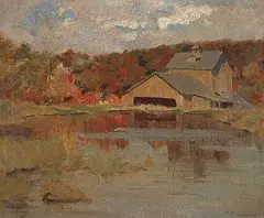 Untitled - The Lumber Mill, Autumn by Thomas Garland Greene, oil on canvas board, sold Nov 1999