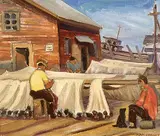 Anna Gertrude Lawson Cheney, Steveston B.C. 1939 - Mending Nets, 1939, oil on canvas board