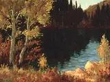 Roland Gissing, Untitled - The Green Lake, Ghost River, oil on paperboard
