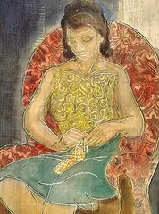 Girl Knitting by E. Eric Goldberg, oil on masonite, sold May 1999