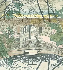 E. J. Hughes, Bridges on Beaver Creek, 1936, colour wood block on paper