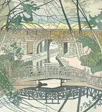 E. J. Hughes, Bridges on Beaver Creek, 1936, colour wood block on paper