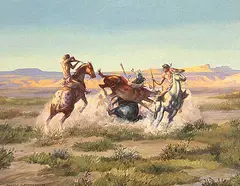 Gerald T. Tailfeathers, Untitled - Indian Battle Scene, 1959, oil on canvas board