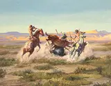 Gerald T. Tailfeathers, Untitled - Indian Battle Scene, 1959, oil on canvas board