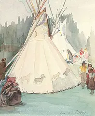 Ina D.D. Uhthoff, Untitled - Teepees and Families, watercolour on paper