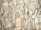 Colleen Anderson Millard, Untitled - People at an Exhibition, 1950, coloured pencil and watercolour on paper