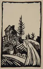 Stanley Ernest Brunst, Untitled - Farmhouse with Tree, wood block on paper