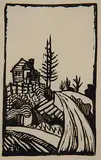 Stanley Ernest Brunst, Untitled - Farmhouse with Tree, wood block on paper