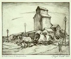 Lloyd Scott, Winter Comes to Dunfermline, 1947, etching on paper