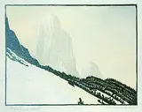 Margaret Shelton, Mount Louis, Banff #90/100, 1943, lino block in three colours on paper