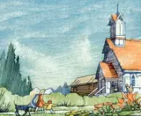 Margaret Shelton, Saint Peters, Windermere #150/200, 1977, lino block in eight colours on paper