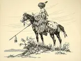 Gerald T. Tailfeathers, Untitled - Indian Brave with Fur Hat, 1960, ink on paper