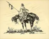 Gerald T. Tailfeathers, Untitled - Indian Brave on Horse Looking Left, 1960, ink on paper