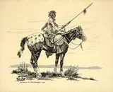 Gerald T. Tailfeathers, Untitled - Indian Brave on Horse Looking Right, 1960, ink on paper