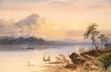 Edwin Earp, Untitled - Sunset in Mountainous Landscape with Boat in Foreground, watercolour on paper