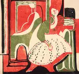 Edward S. Faiers, Woman and Mirror, 1950, colour lino block on paper