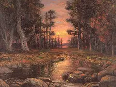 John Colin Forbes, Untitled - Forest Stream and Sunset, oil on canvas