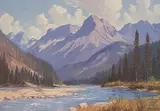 Kicking Horse River and Beaverfoot Mts. by Roland Gissing, 1963, oil on canvas, sold Nov 1998