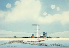 Untitled - Prairie Winter with Elevators by Robert Newton Hurley, 1966, watercolour on paperboard, sold Nov 1998