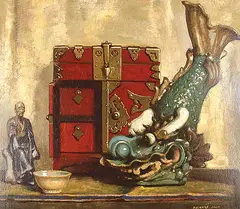 Richard Jack, Untitled - Still Life with Oriental Objects, oil on hard board