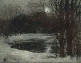 Edgar Lee Laur, Untitled - Winter Moonlit Evening, etching on paper