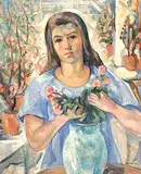 Henrietta Mabel May, Untitled - In the Garden / Arranging Flowers, 1942, oil on canvas