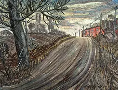 William J.B. Newcombe, Untitled - Road to Town, 1939, oil on hard board