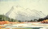 Margaret Shelton, Mount Rundle in March #72/100, 1978, lino block in eight colours on paper