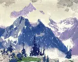 A.C. and Barbara Leighton - Barleigh, Lunenette Peak, Mt. Assiniboine #A.P., colour wood block on paper
