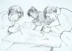 Susan Ross, Cape Dorset, Cutting Stone for Printmaking, 1973, graphite on paperboard