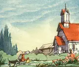 Margaret Shelton, Saint Peters, Windermere #110/200, 1977, lino block in eight colours on paper