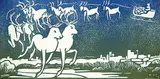 Margaret Shelton, Santa Claus, Reindeer, 1976, lino block on paper