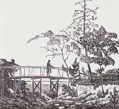 The Rustic Bridge, Hamilton #4/100 by William Frederick George Godfrey, 1935, wood block on paper, sold May 1998